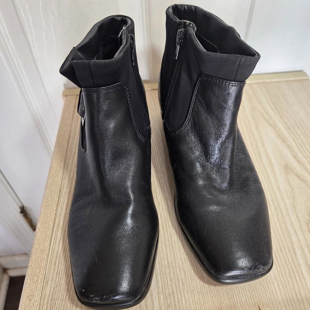 easy spirit Black Leather & Fabric Square Toe Buckle & Zip Ankle Boots Size 9